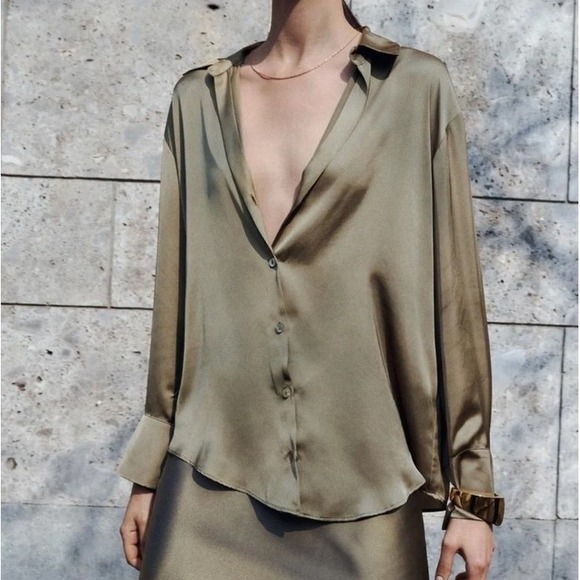Zara Tops - Zara Women Olive Green Basic Satin Finish Button Up Blouse Long Sleeve Shirt XL